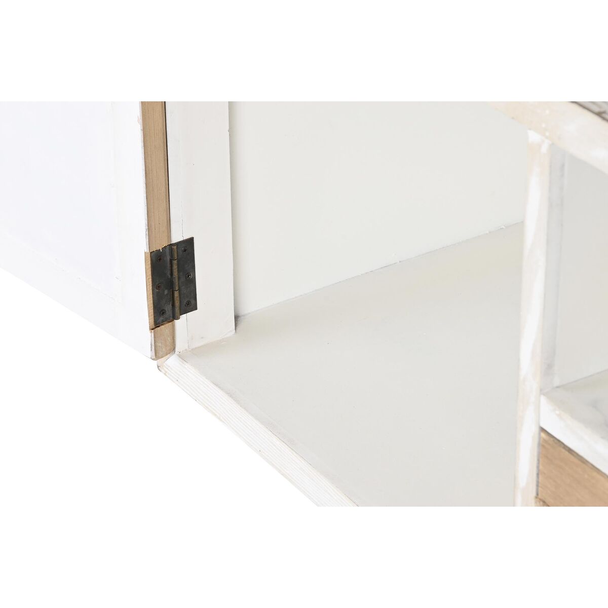 Meuble TV blanc naturel, côté intérieur avec charnière noire et compartiment
