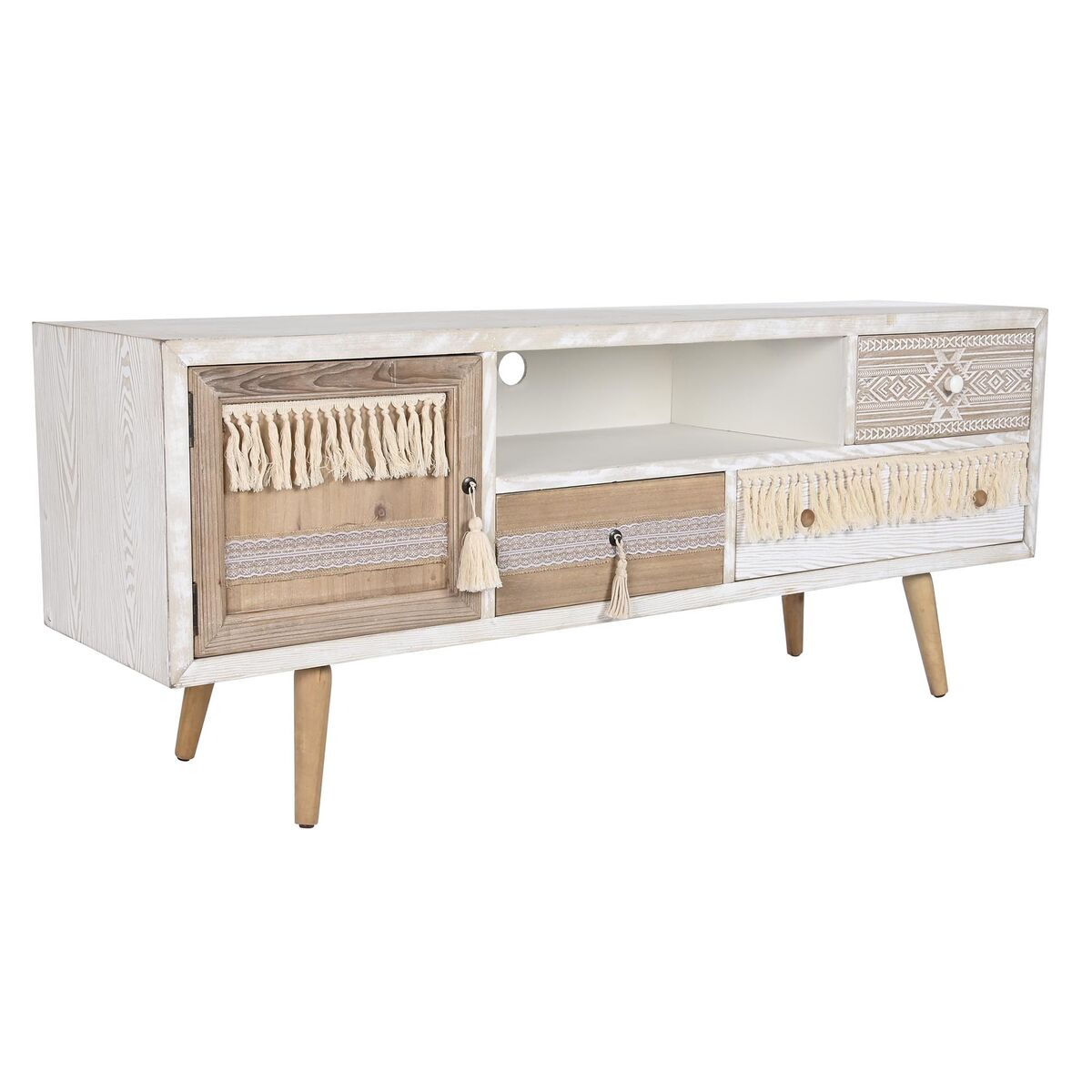 Meuble TV blanc naturel avec rangements ouverts, tiroirs et décor motifs tressés
