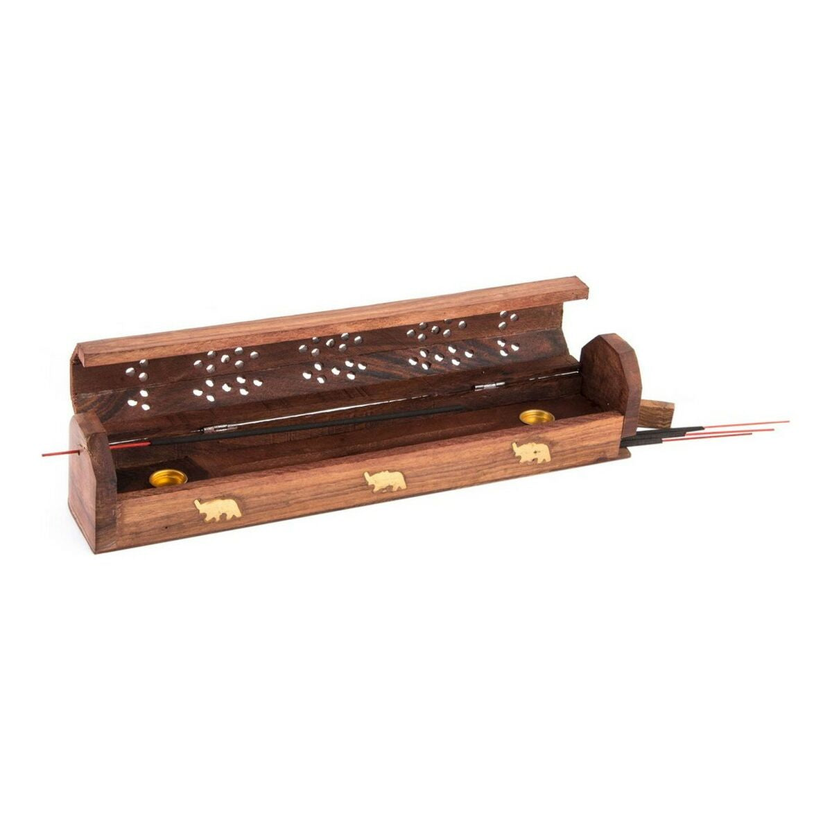 Porte-encens Hemys en bois foncé, motif mandala découpé et support à tiges.