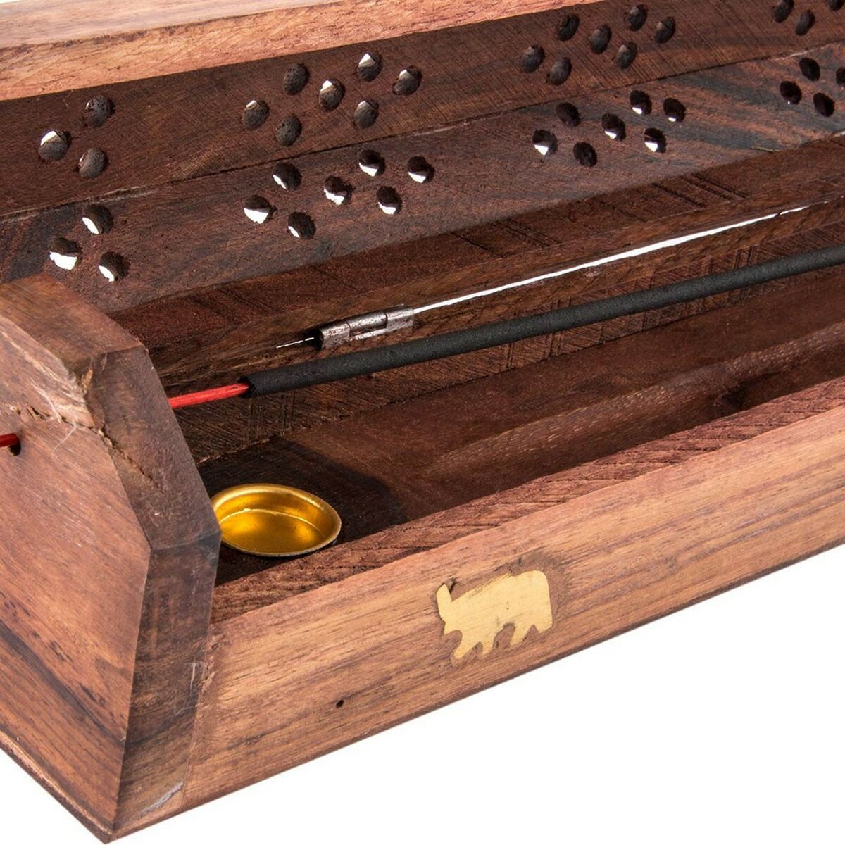 Porte-encens Hemys en bois : coupelle dorée, tiges d’encens et motif éléphant.