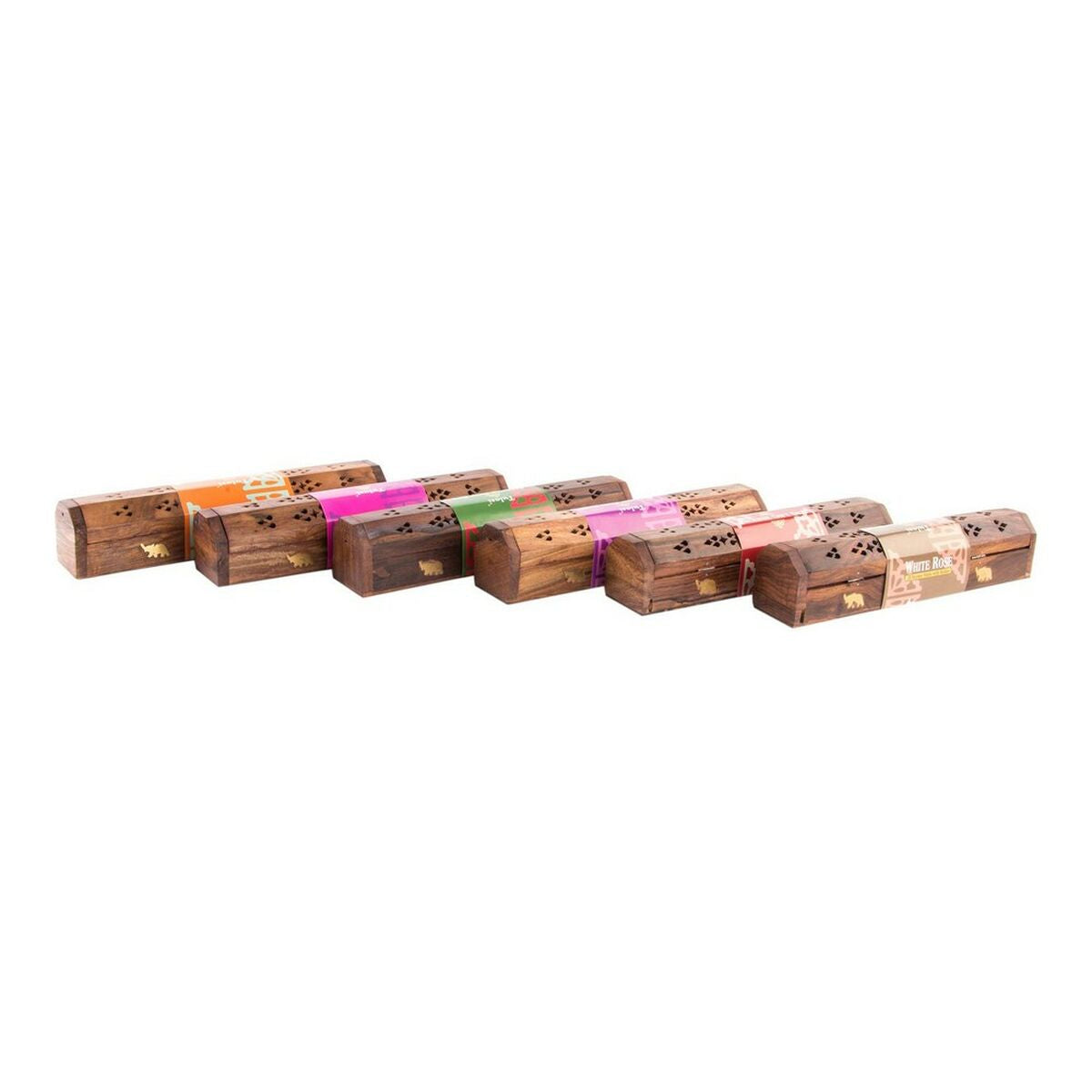 Lot de 6 porte-encens Hemys en bois, plusieurs finitions et motif découpé.