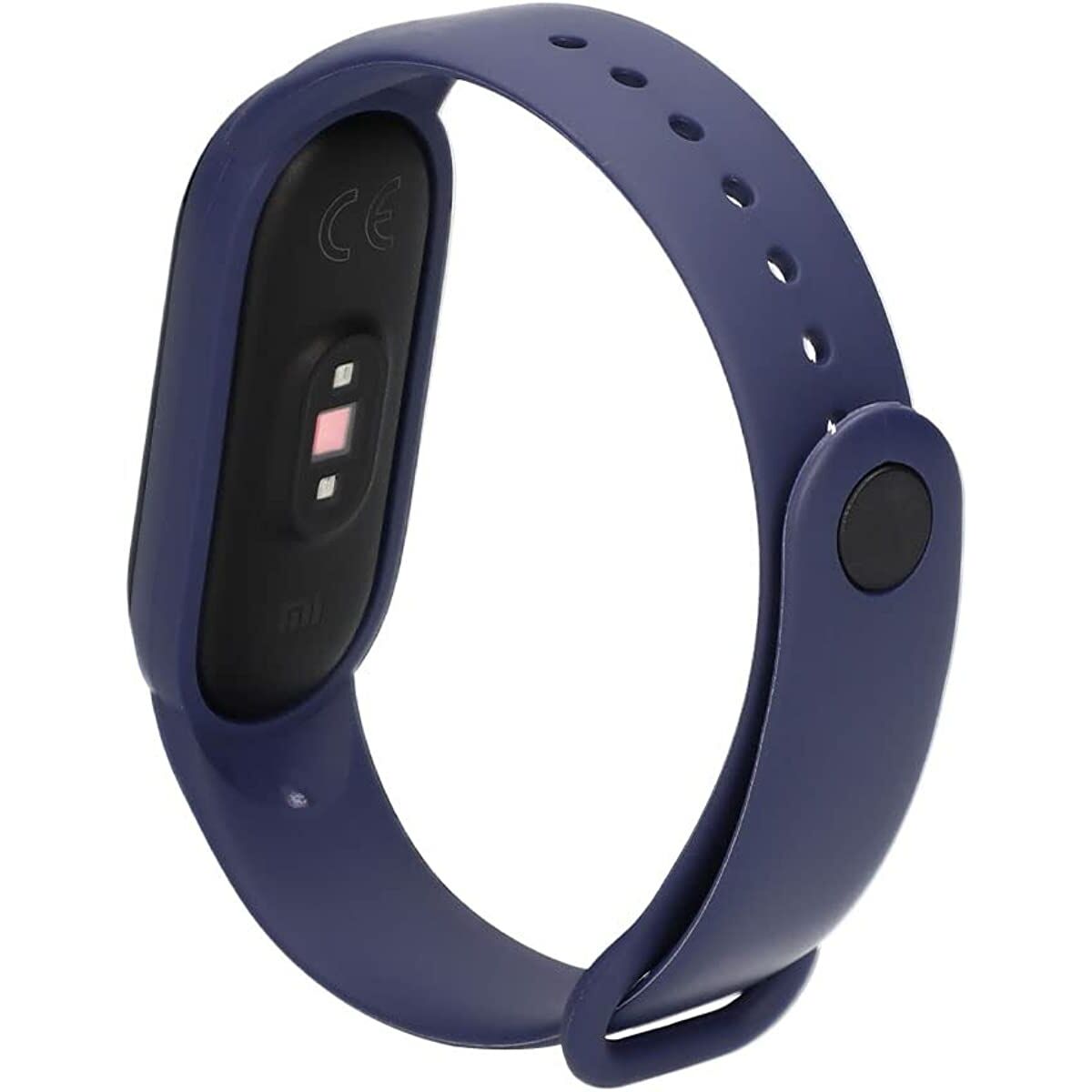 Bracelet de montre bleu avec module noir et écran affichant des icônes