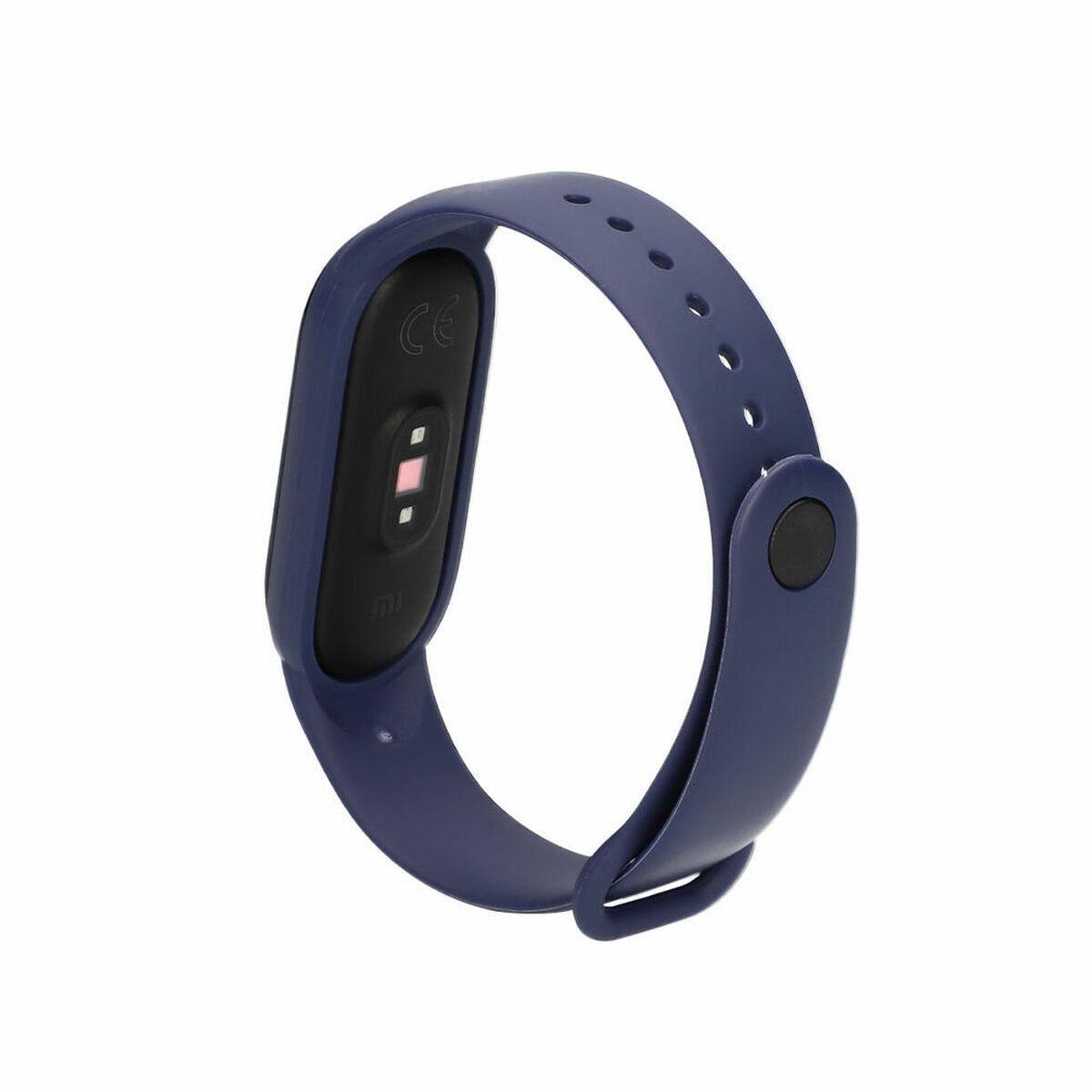 Bracelet de montre en silicone bleu avec module noir, écran et bouton latéral