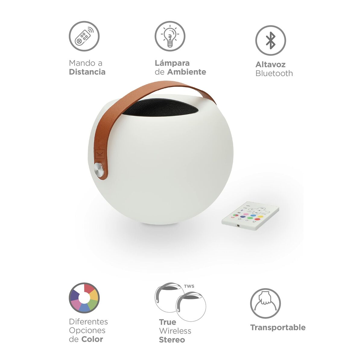 Enceinte bulle ronde blanche, accessoires montrés (télécommande, TWS).