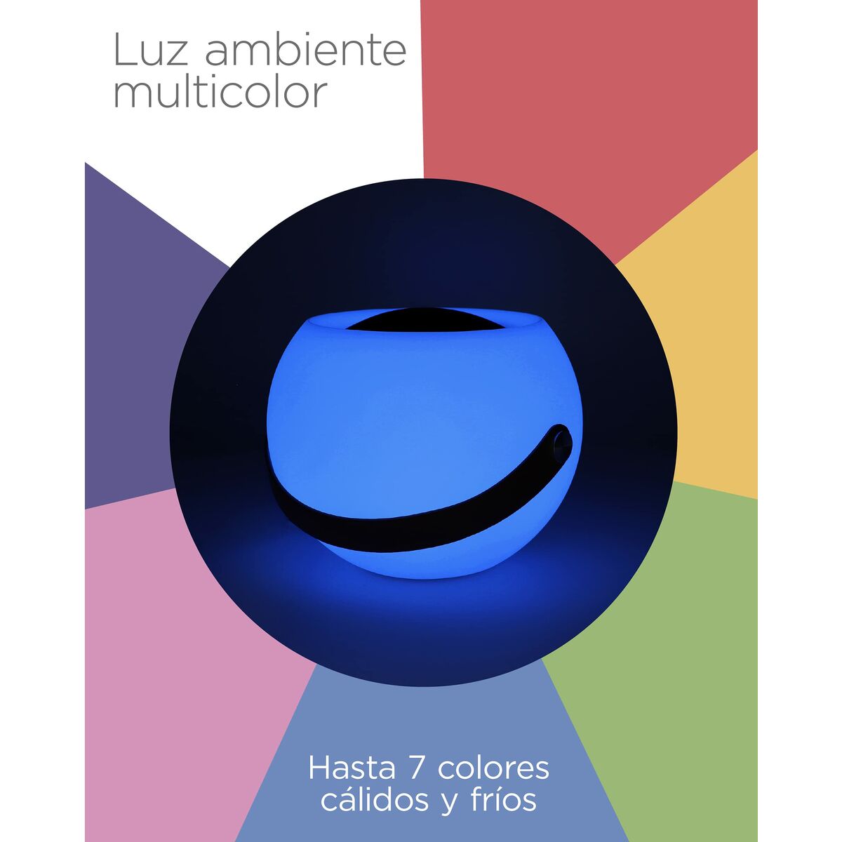 Enceinte bulle LED bleue avec anneau noir, lueur diffuse.
