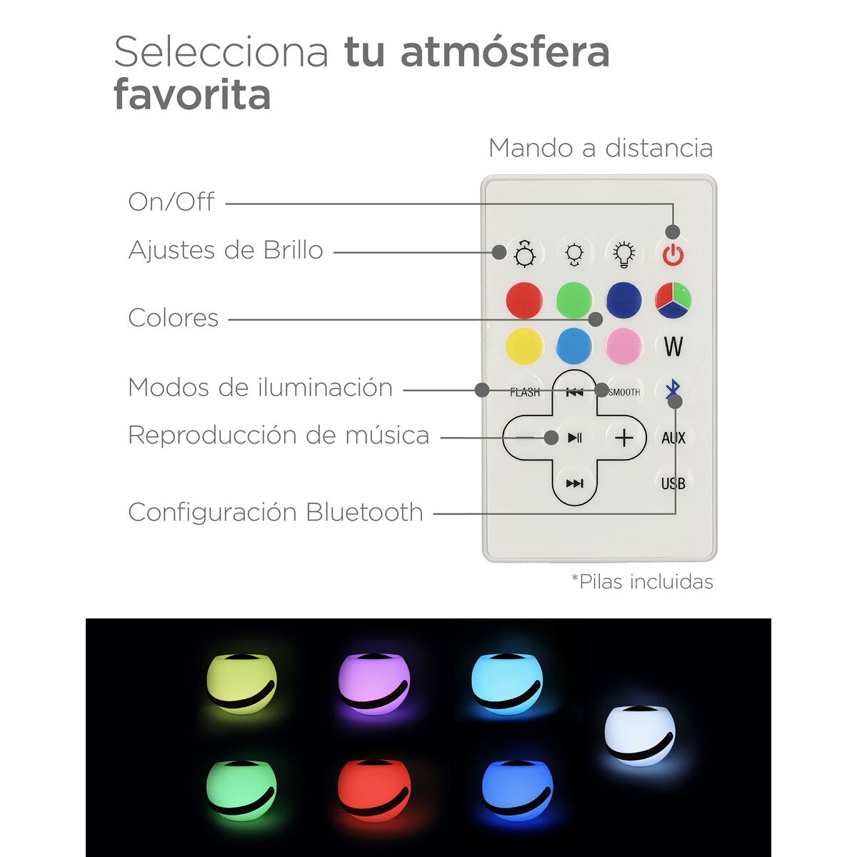 Enceinte Bluetooth bulle blanche avec LED multicolores, commandes et télécommande.