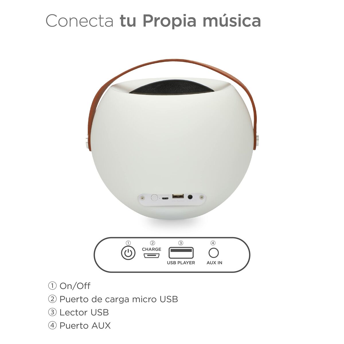 Enceinte Bluetooth portable ronde blanche, poignée orange, panneau de contrôle en bas.