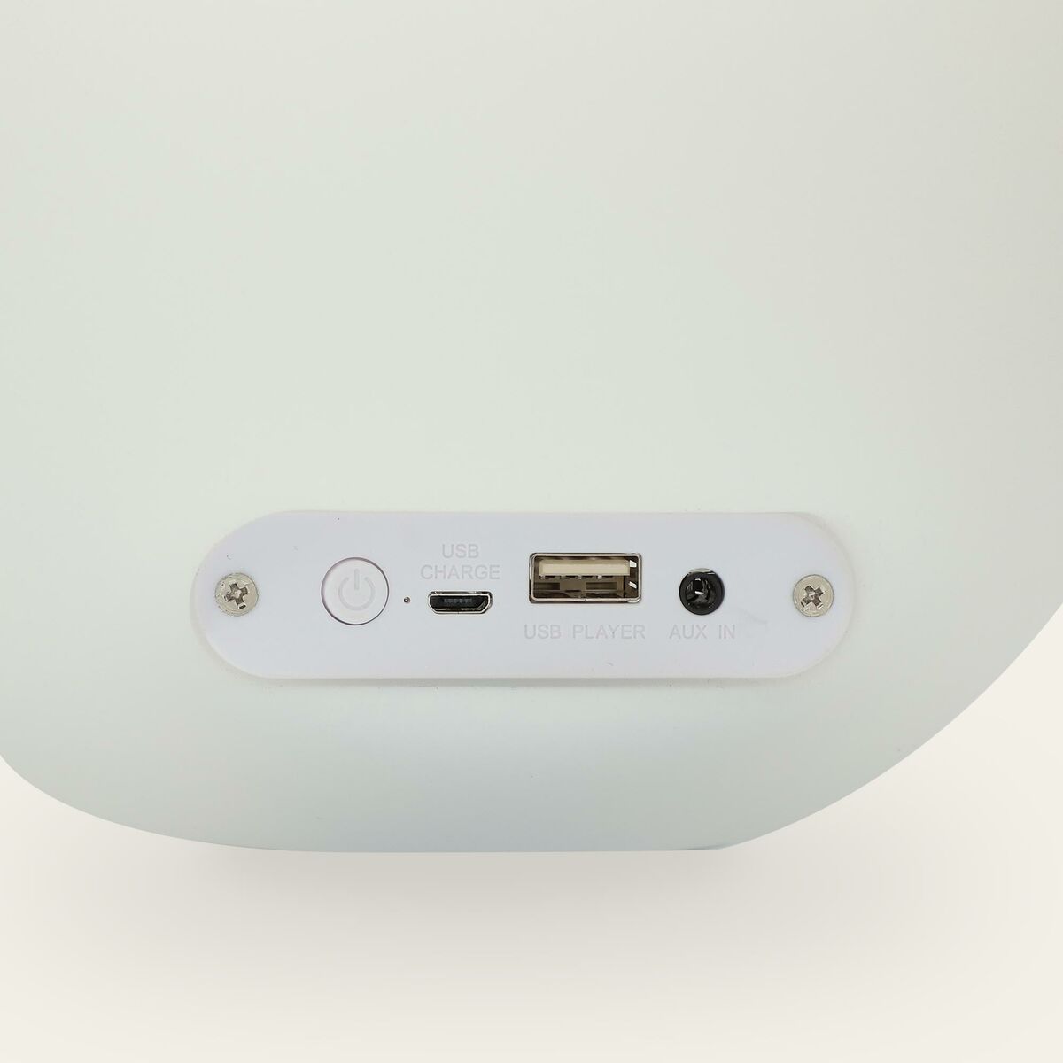 Enceinte Bubble blanche : panneau de contrôle avec bouton, port USB et entrée audio
