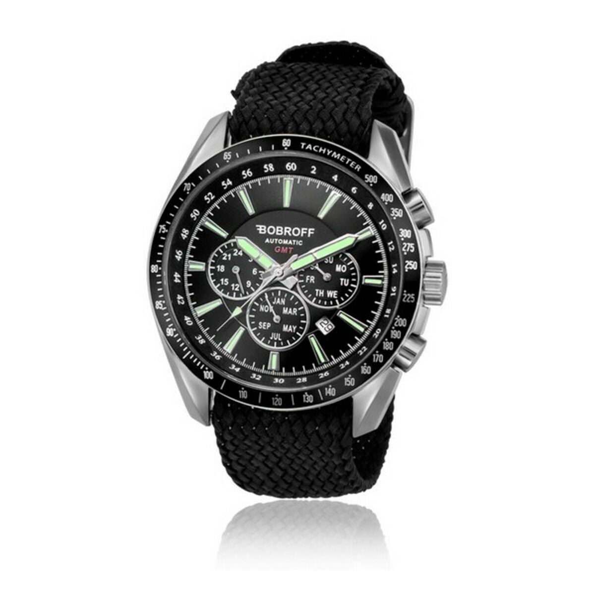 Montre Bobroff à cadran noir, bracelet maille noire, lunette argentée, Ø42 mm.
