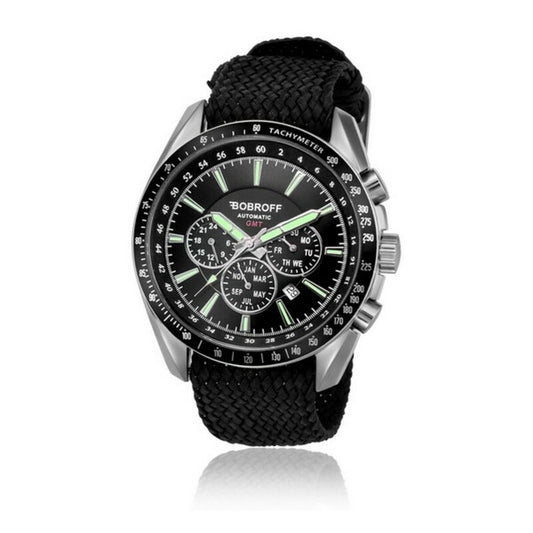 Montre Bobroff à cadran noir, bracelet maille noire, lunette argentée, Ø42 mm.