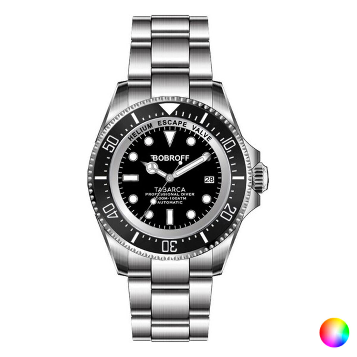 Montre homme Bobroff, boîtier et bracelet métal argenté, cadran noir, lunette crantée