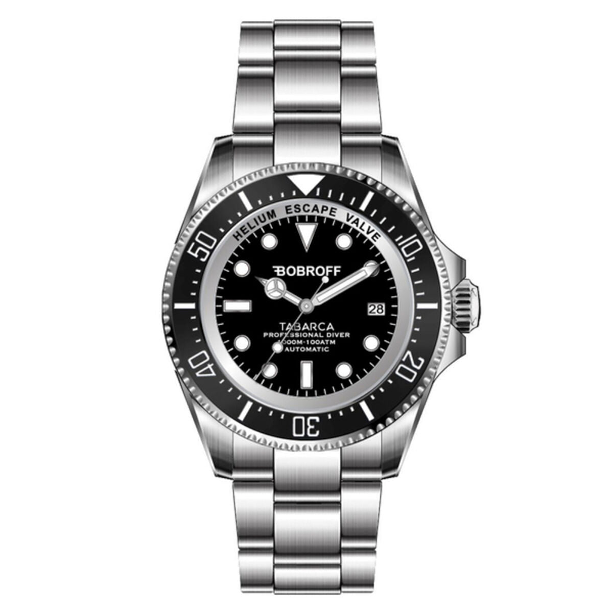 Montre homme Bobroff, bracelet acier argenté, cadran noir, aiguilles et index lumineux