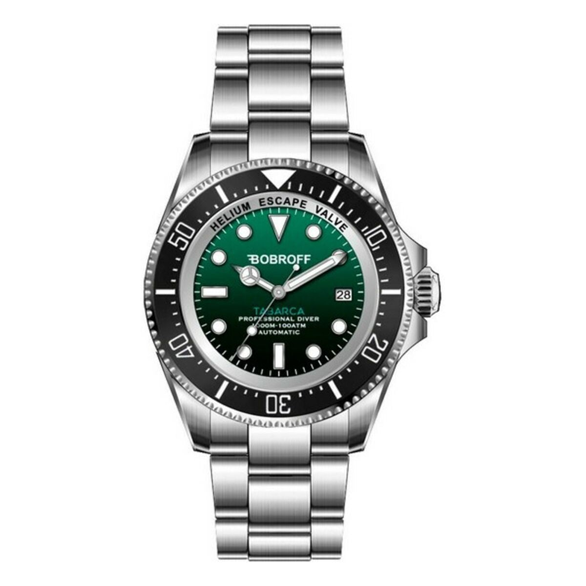 Montre homme Bobroff à cadran vert, lunette noire, bracelet acier