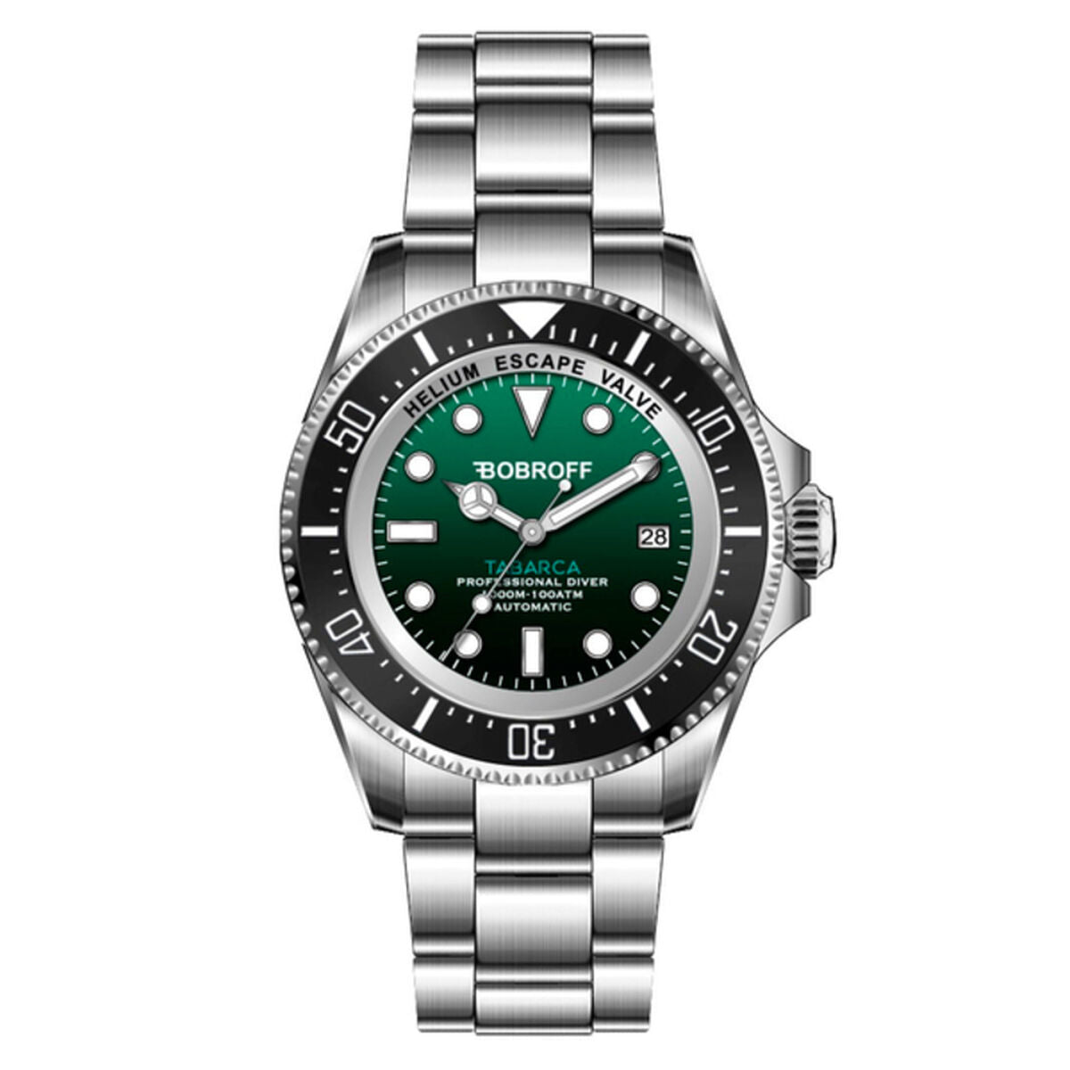 Montre homme Bobroff cadran vert, lunette noire, bracelet acier