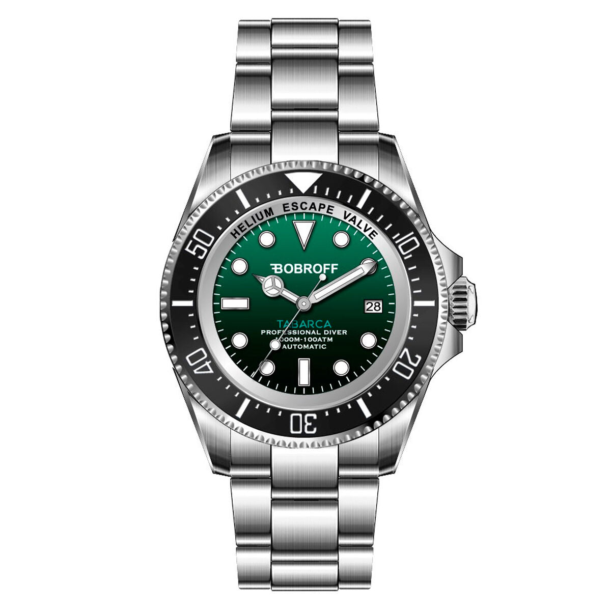 Montre homme Bobroff à cadran vert, bracelet acier, Ø 44 mm