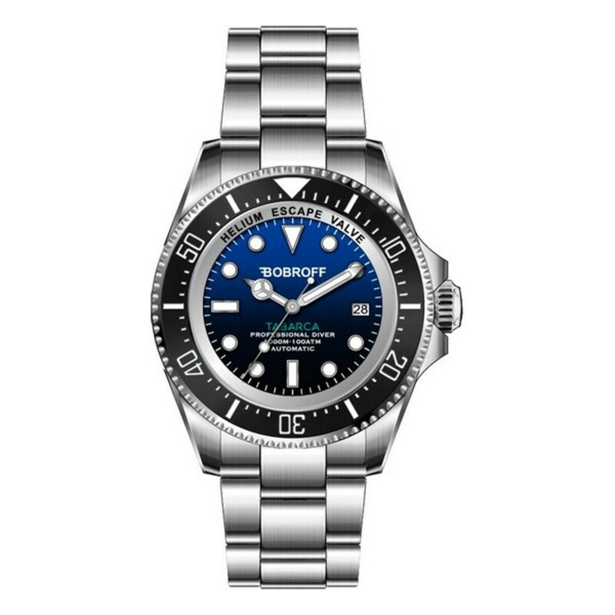 Montre homme Bobroff, bracelet métal argenté, cadran bleu foncé, lunette noire