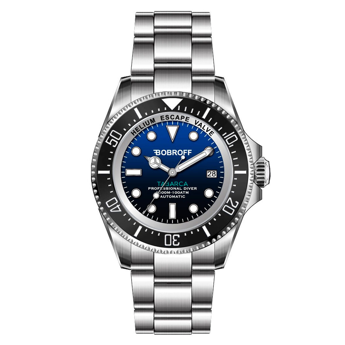 Montre homme Bobroff, boîtier acier argenté, cadran bleu, lunette noire et index lumineux