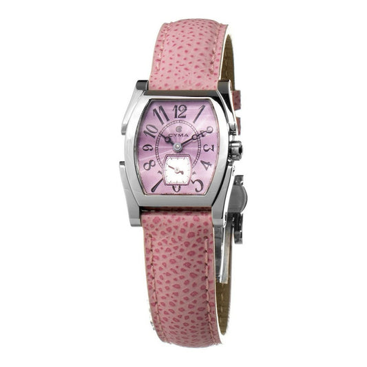 Montre femme à cadran rose, bracelet en cuir rose à motifs, boîtier argenté