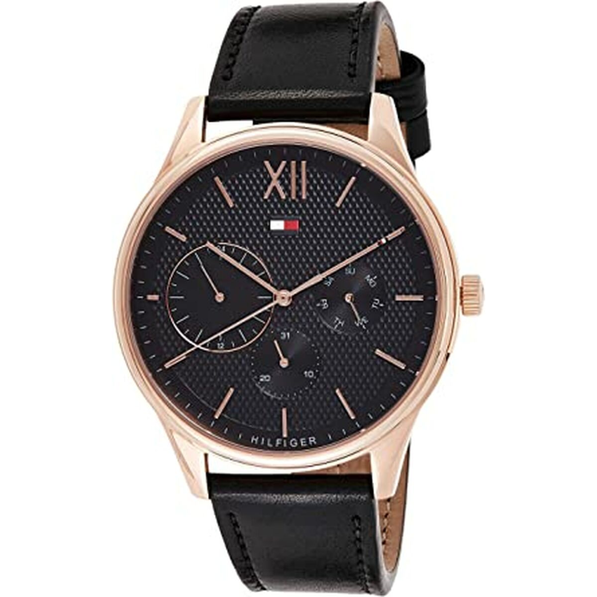 Montre à cadran noir, boîtier doré rosé, bracelet en cuir noir, Ø 44 mm