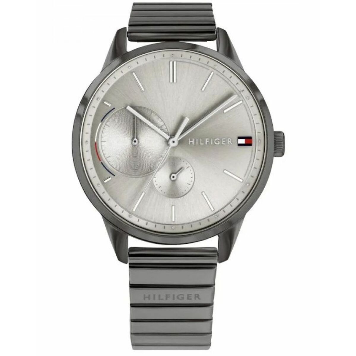 Montre-bracelet Tommy Hilfiger à bracelet à maillons noirs, cadran argenté, trois aiguilles
