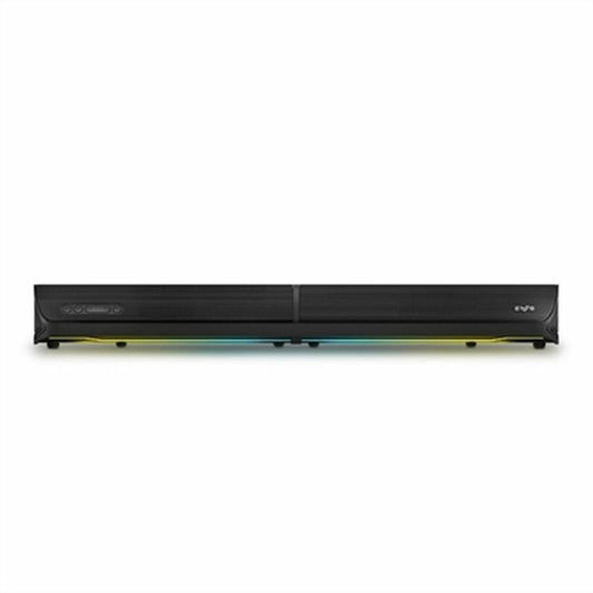 Barre de son Bluetooth noire avec accents multicolores et commandes sur la façade