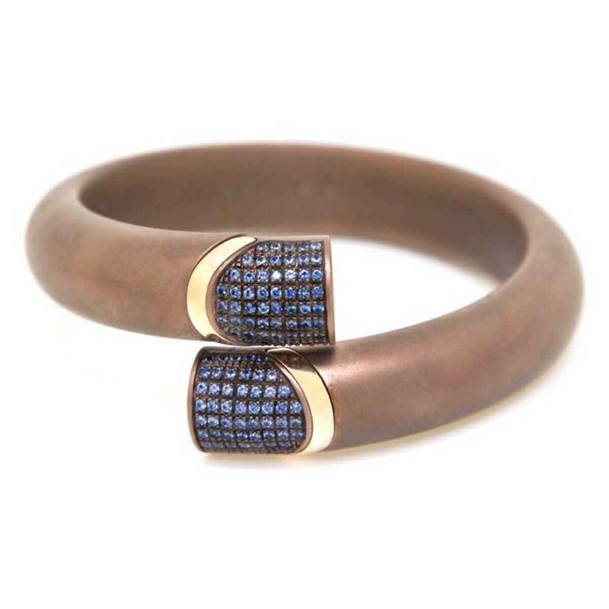 Bracelet manchette marron clair, deux incrustations de strass bleus