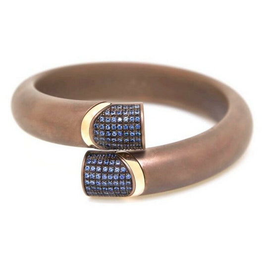 Bracelet manchette marron clair, strass bleus et bord doré