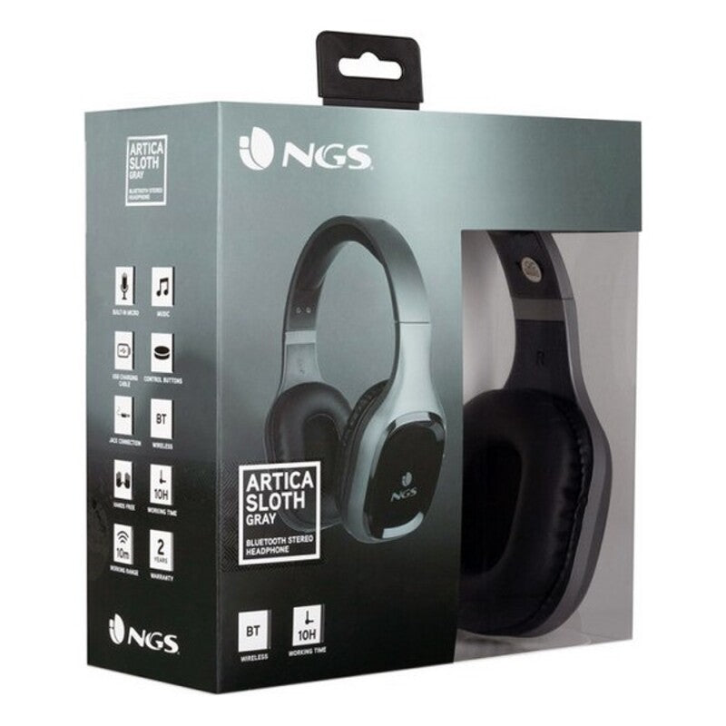 Casque Bluetooth NGS gris, casque plié en boîte avec étiquettes produit