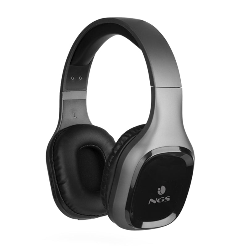 Casque Bluetooth NGS gris, oreillettes ovales noires, coque brillante et arceau rembourré