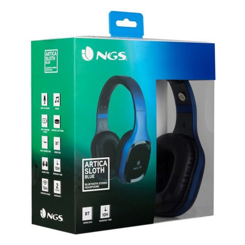Casque Bluetooth NGS avec coussinets noirs et arceau bleu, micro intégré, dans sa boîte.