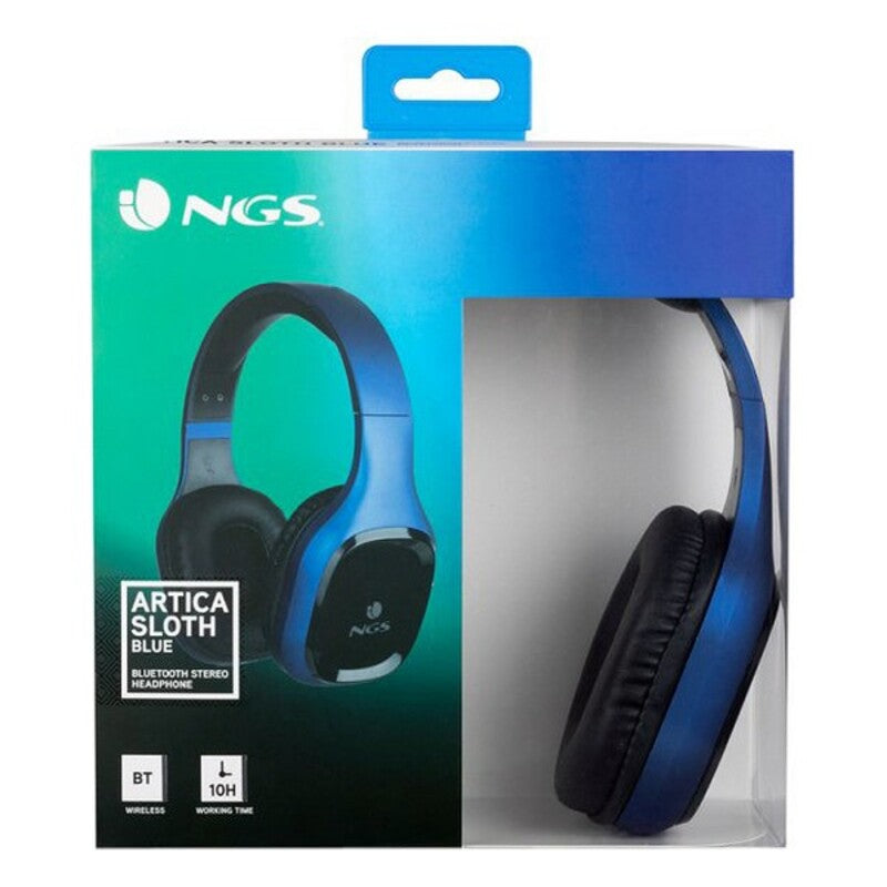 Casque Bluetooth NGS bleu, casque dans sa boîte, coussinets noirs et coque bleue