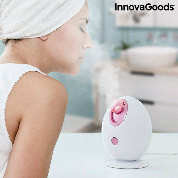 Sauna facial électrique blanc à buse rose, étiquette InnovaGoods visible