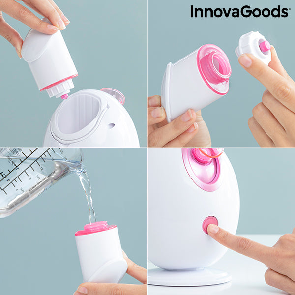 Sauna facial électrique blanc : tête rotative et lumière LED rose