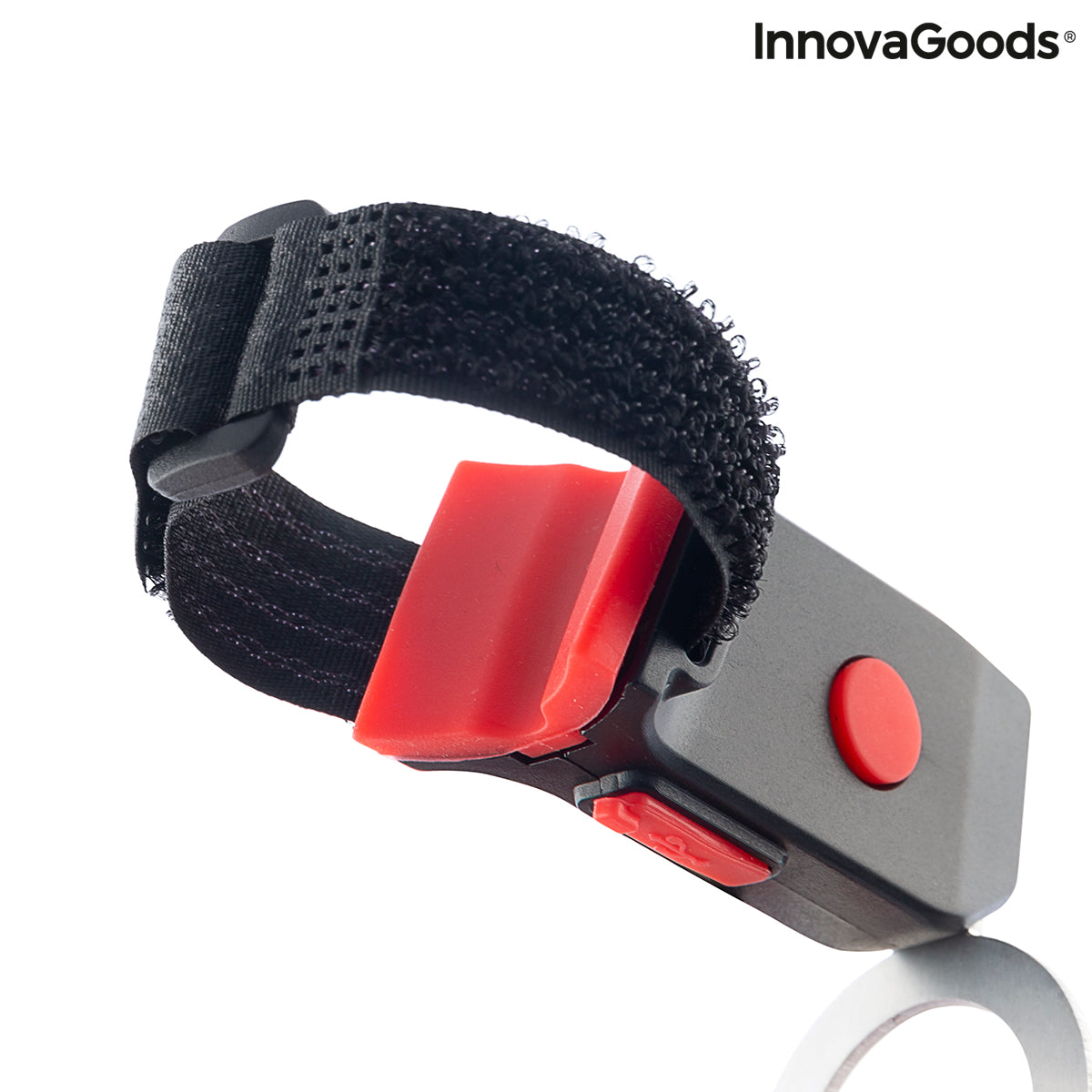 Feu arrière LED vélo avec sangle textile noire, boîtier gris et lentille rouge