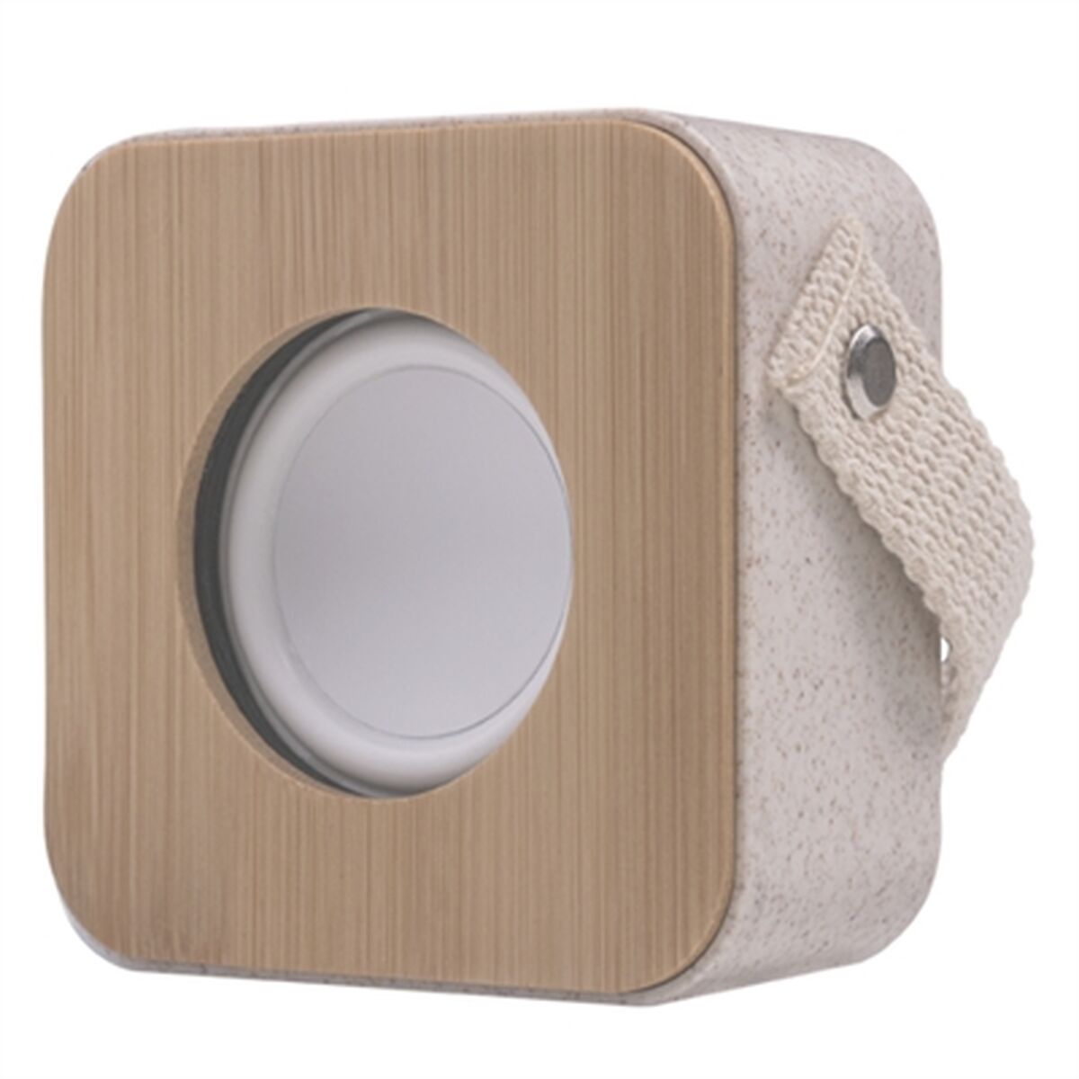 Enceinte Bluetooth portable grise en bois avec bouton central et sangle beige.