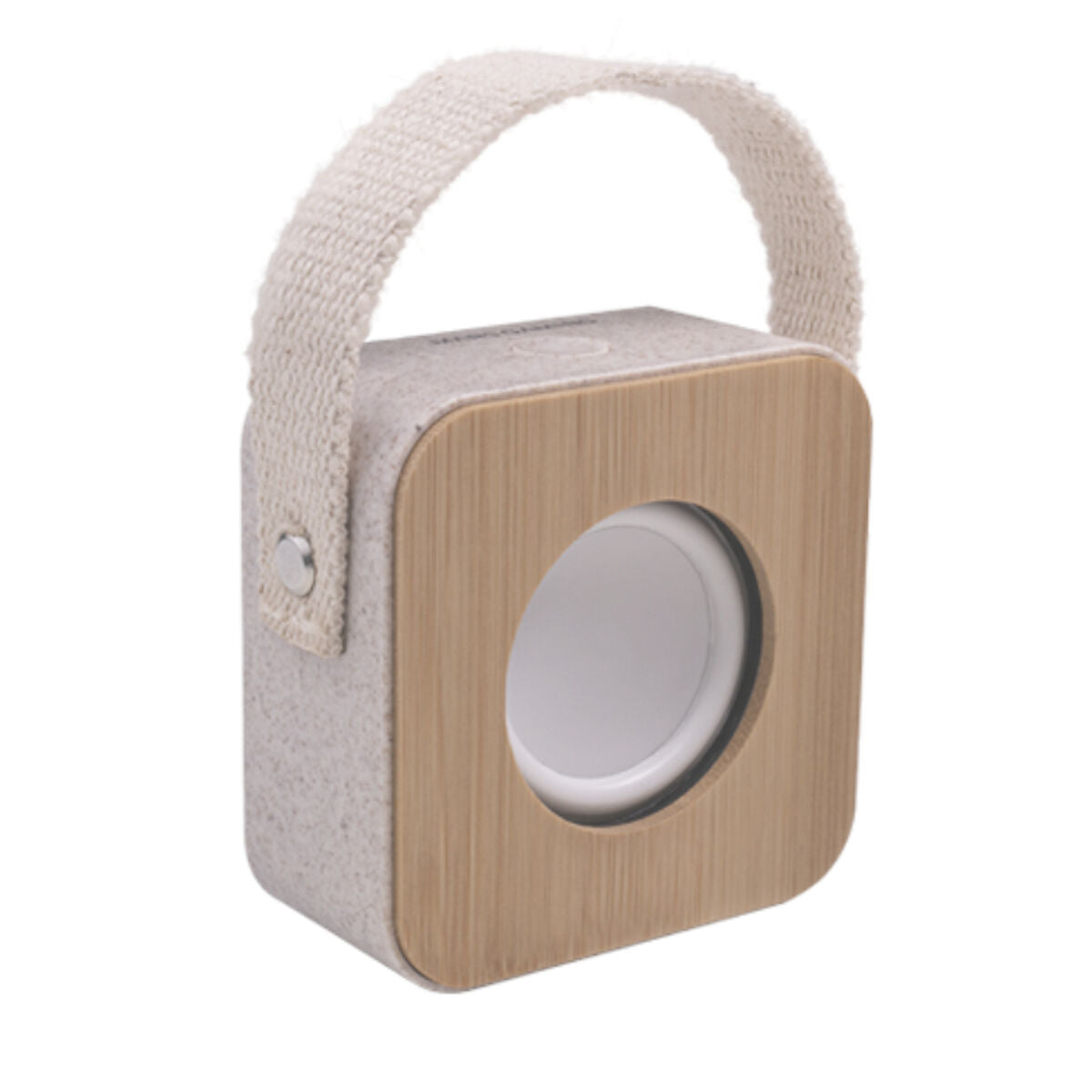 Enceinte Bluetooth portable en bois grise avec poignée textile beige et haut-parleur rond.
