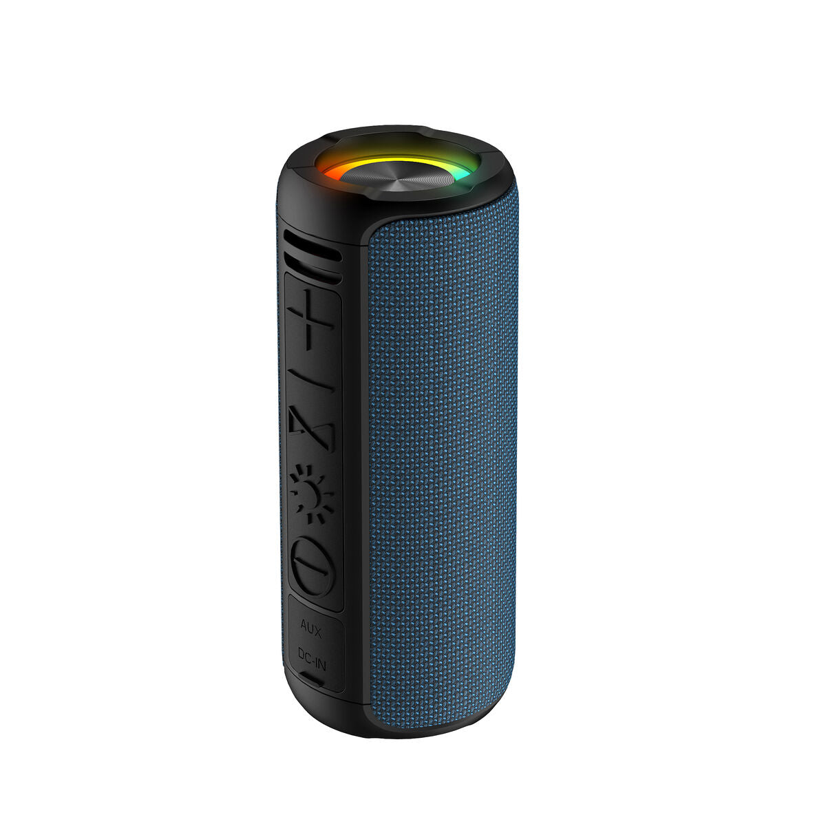 Enceinte Bluetooth cylindrique bleue, anneau LED multicolore et boutons latéraux