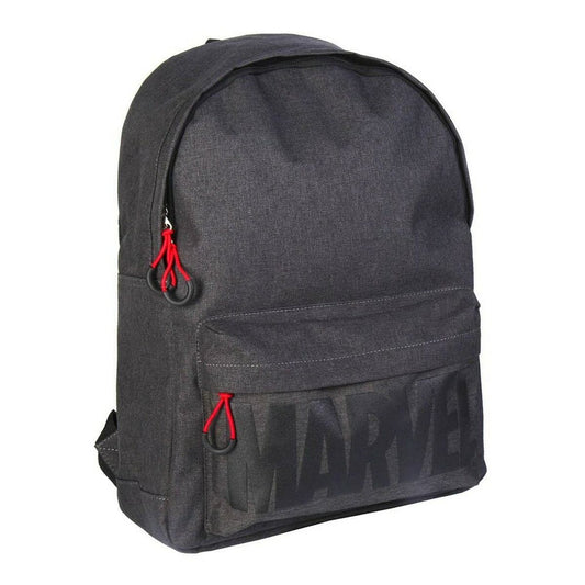 Sac à dos enfant Marvel noir, logo 'MARVEL' sur la poche avant et lacets rouges.