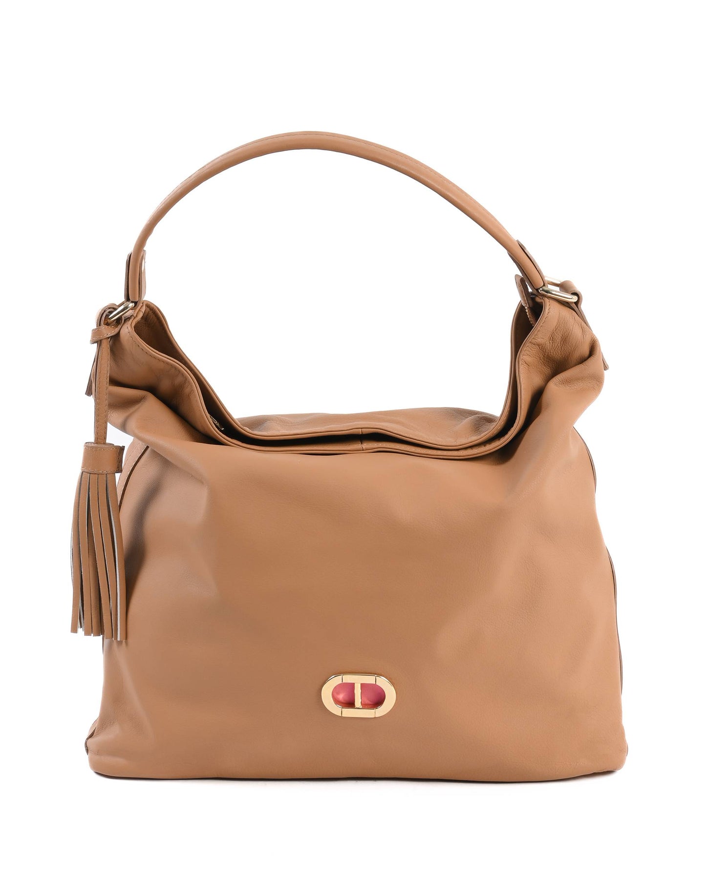 Sac à main en cuir marron clair avec anses et gland sur le côté, logo