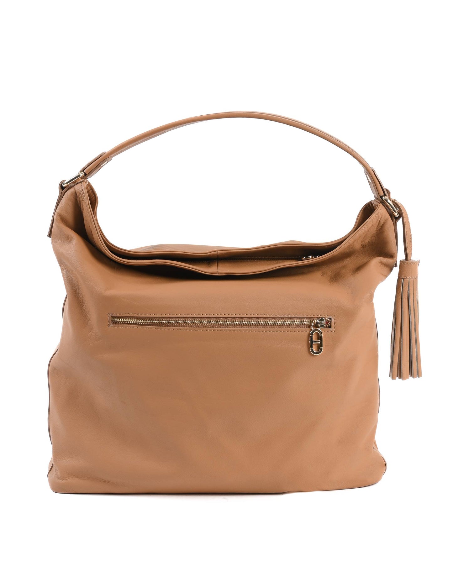 Sac à main en cuir marron clair avec poche zippée avant et anses courtes