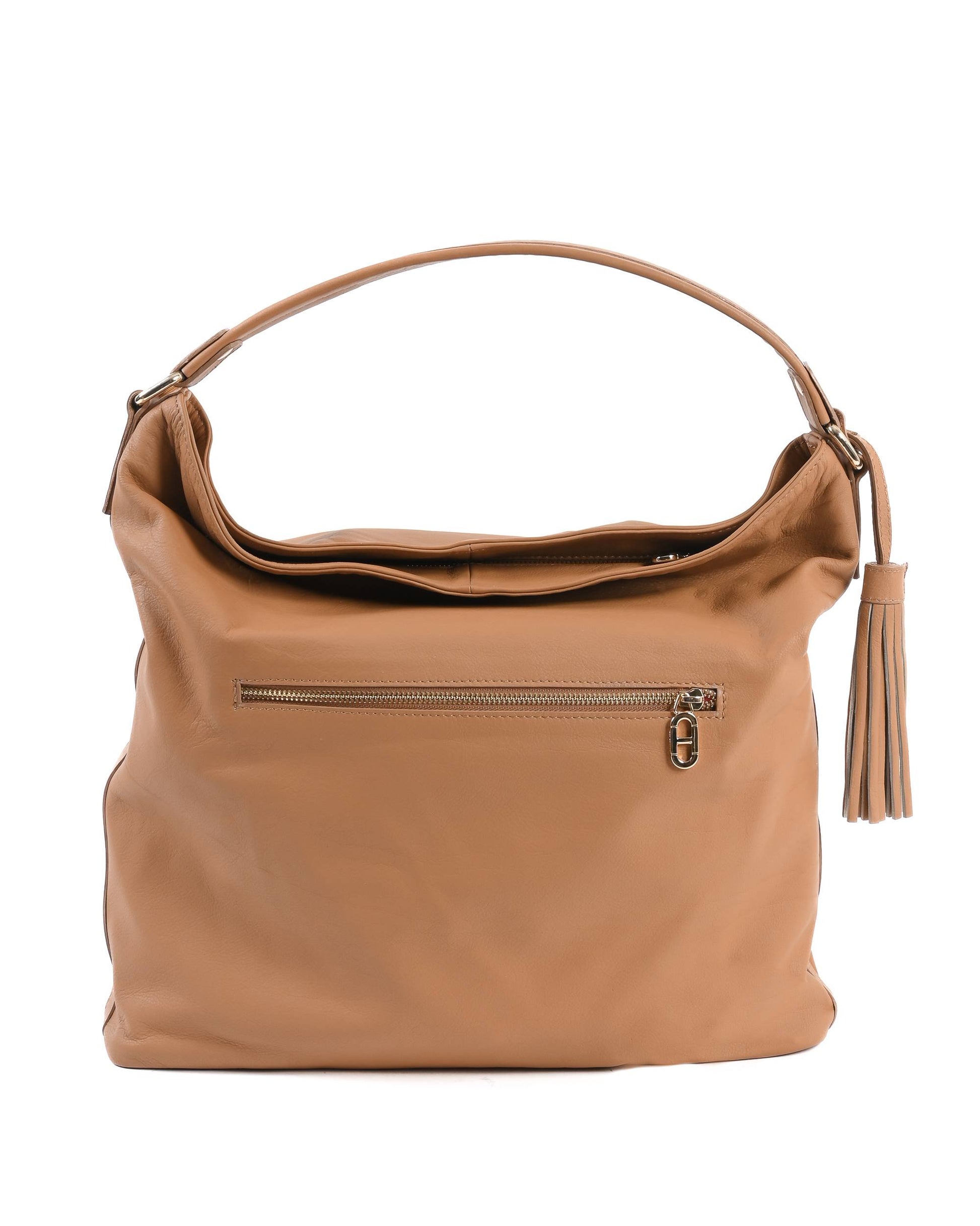 Sac à main en cuir marron clair avec poche zippée avant et anses courtes