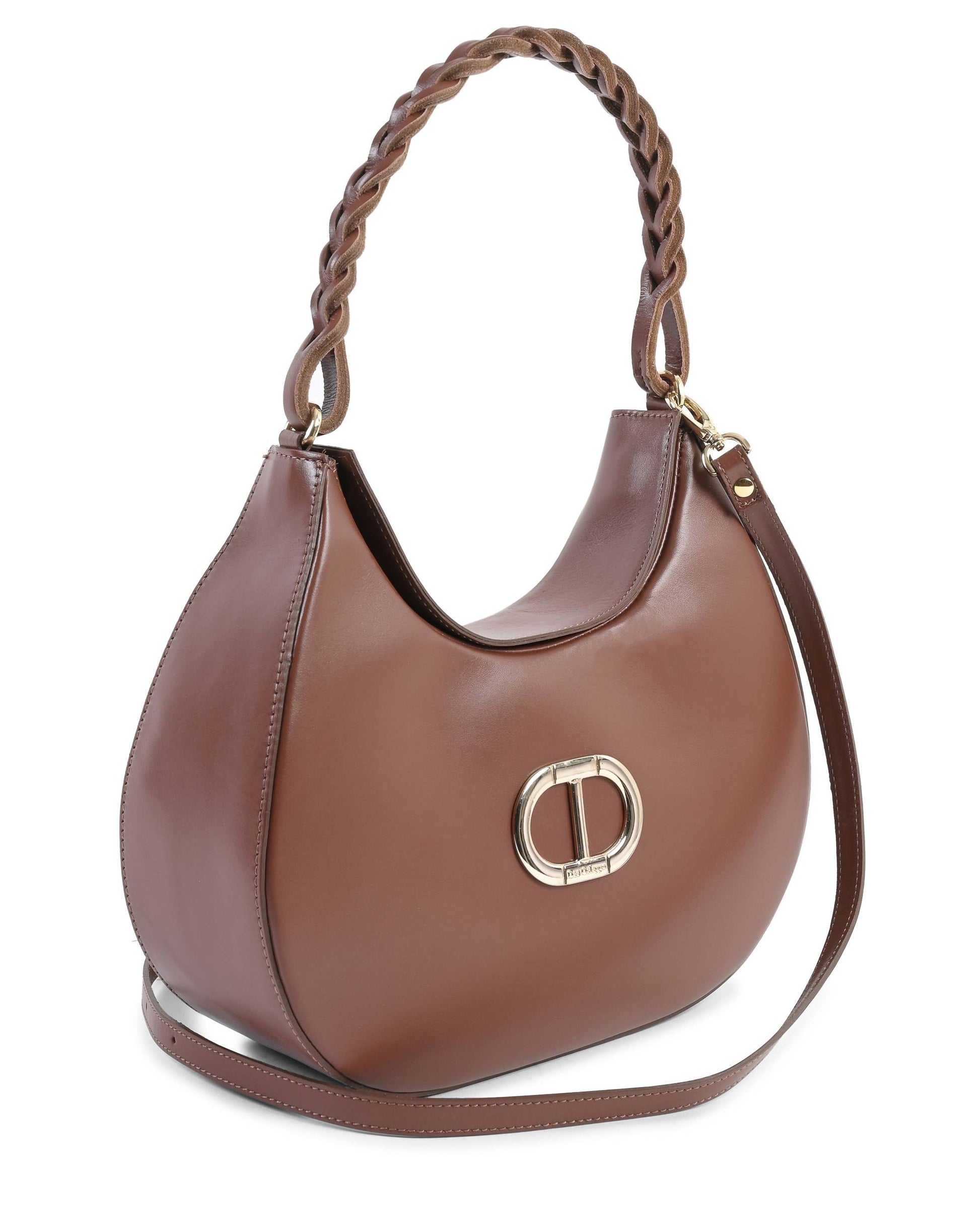 Sac hobo Torino marron foncé, grande bandoulière, anses torsadées et boucle logo