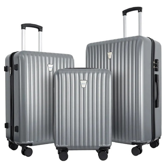 Ensemble de 3 valises rigides ABS argentées, poignées télescopiques, roues pivotantes