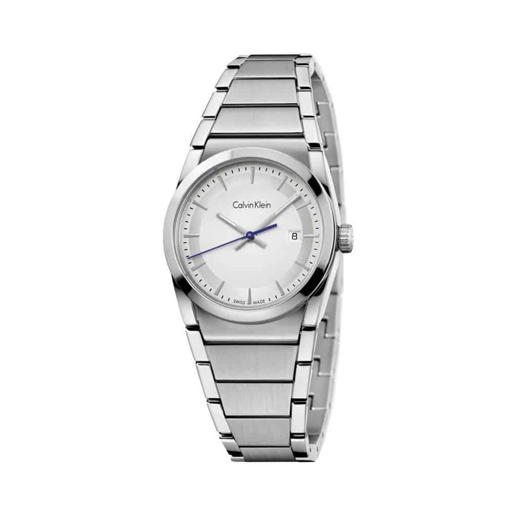 Montre-bracelet femme en acier, cadran blanc, date à 3 h, index et aiguilles bleues
