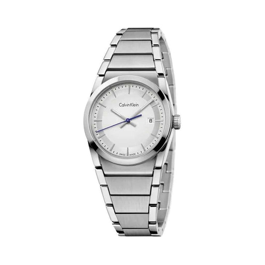 Montre-bracelet femme en acier, cadran blanc, date à 3 h, index et aiguilles bleues
