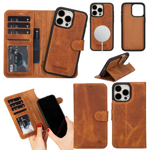 Coque portefeuille en cuir brun pour iPhone 14 Pro Max, rabat rabattable et protection RFID.