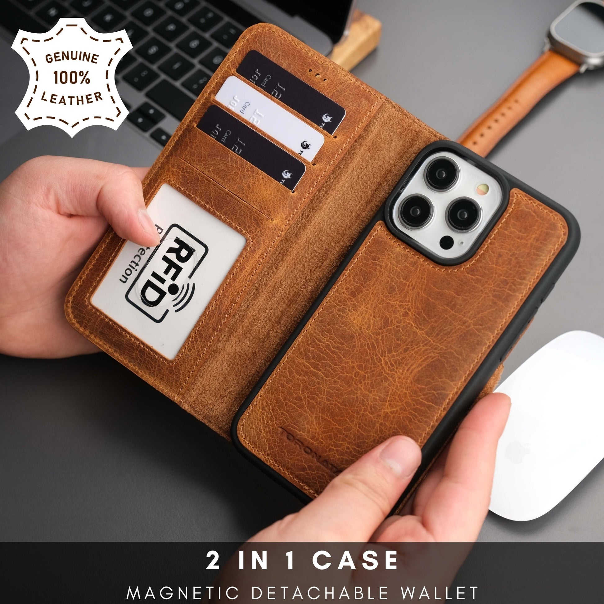 Coque portefeuille cuir brun, portefeuille amovible et porte-cartes RFID pour iPhone