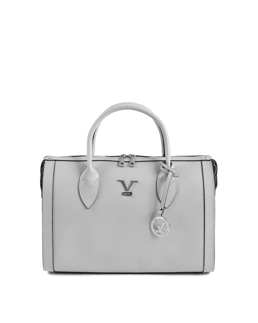Sac à main en cuir façon saffiano gris, poignées, logo V et breloque