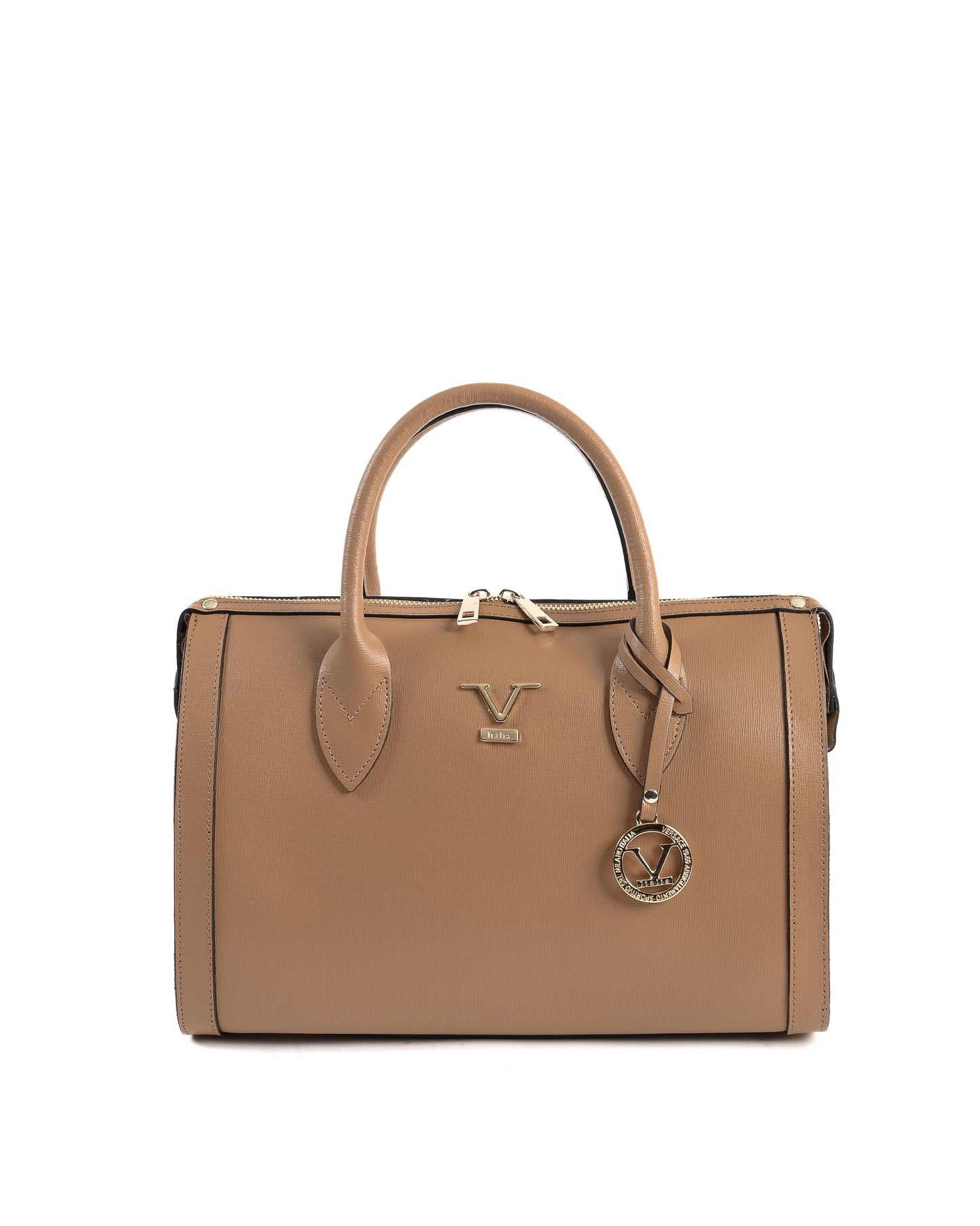 Sac à main V Italia beige clair en cuir saffiano, anses et fermeture zippée
