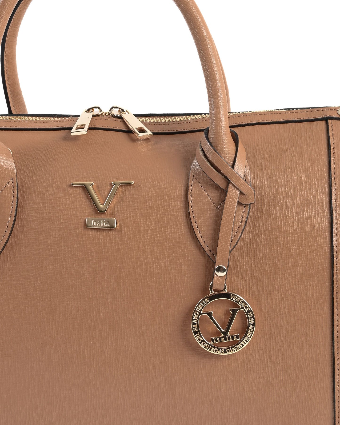 Sac à main V Italia beige clair: logo V métal, breloque ronde et fermeture éclair